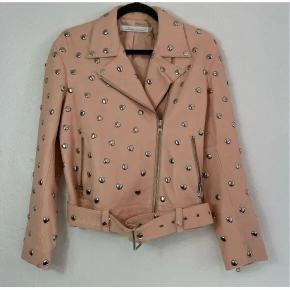 Lovers + friends pink studded heart moto leather jacket size S - Picture 5 of 16